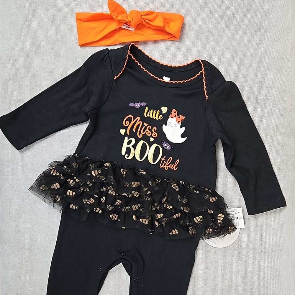 Konala Baby Girl 0-3 mo "Little Miss Boo" Halloween Long‎ Sleeve Outfit Headband